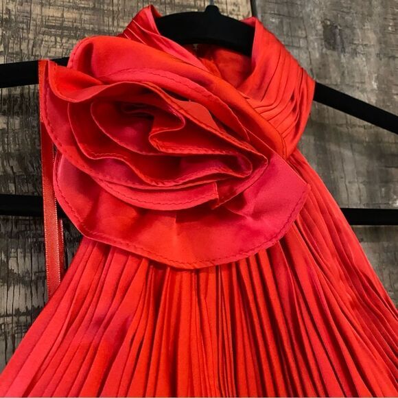 NWT Mac Duggal Red Soft Tie Halter Neck High Slit Gown dress rosette chiffon 0 - Picture 12 of 12